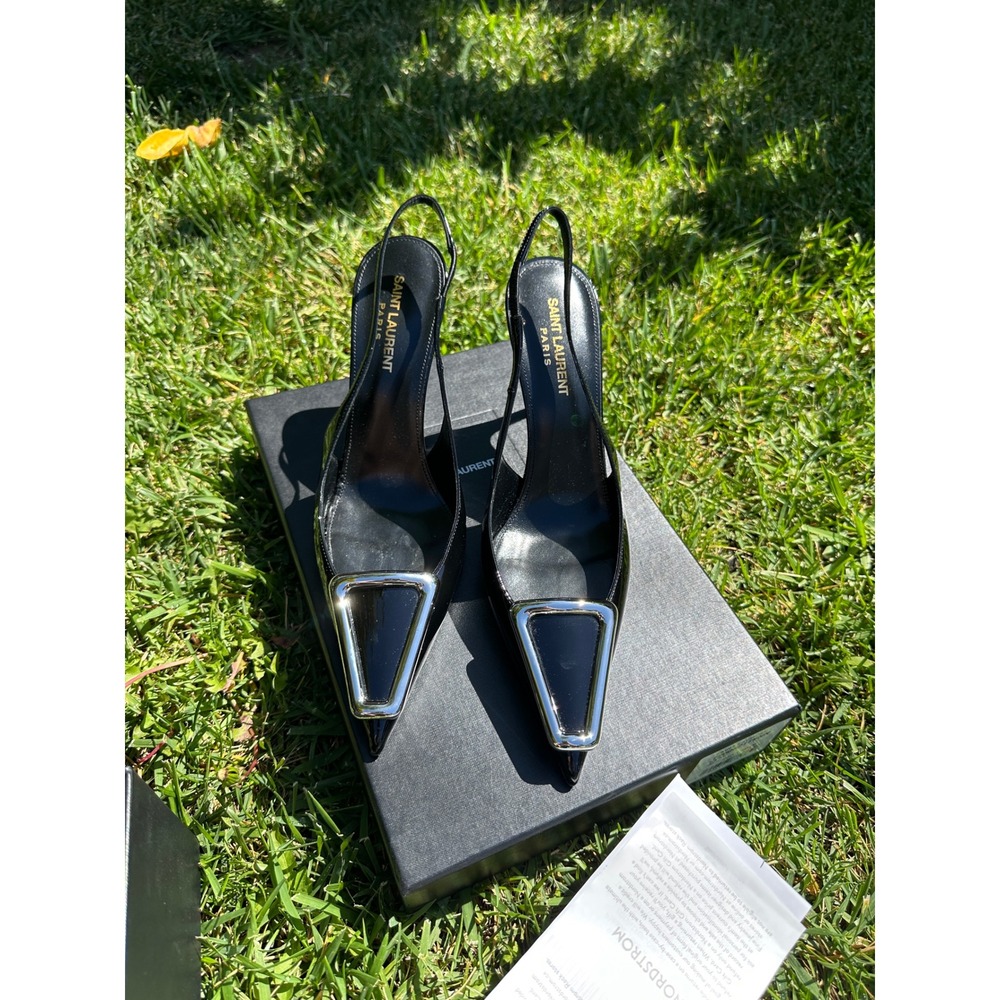 Saint Laurent Vesper Slingback Pumps Black Patent Leather Silver Plaque  38.5